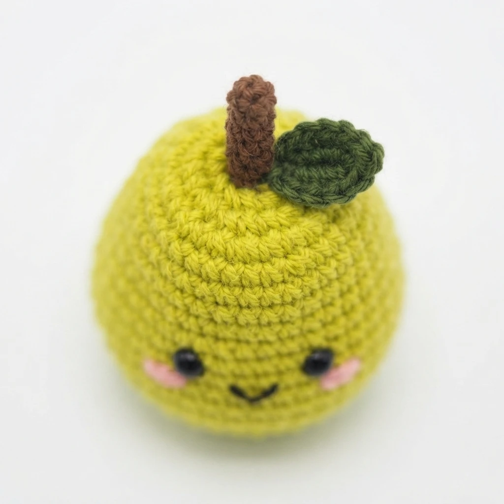 Close-up of a small green crocheted pear amigurumi with embroidered black eyes, a small smile, pink cheeks, a brown stalk and a dark green leaf on a white background.