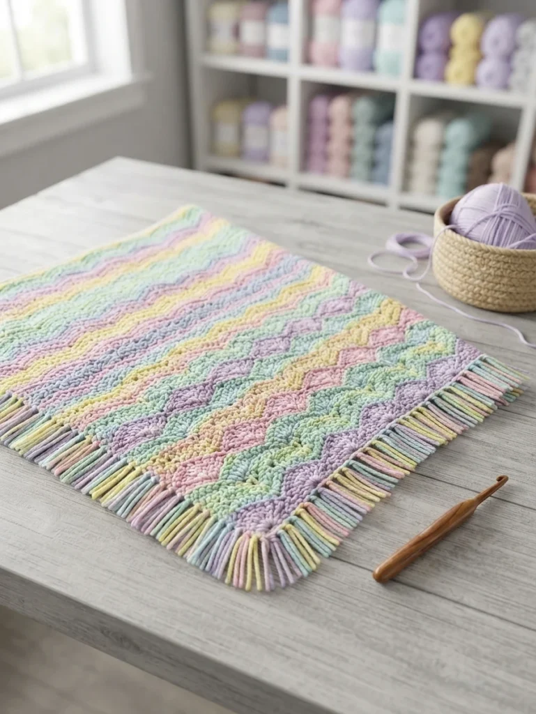 Pastel striped crochet blanket with fringe on a wooden table next to a basket of lavender yarn and a wooden crochet hook