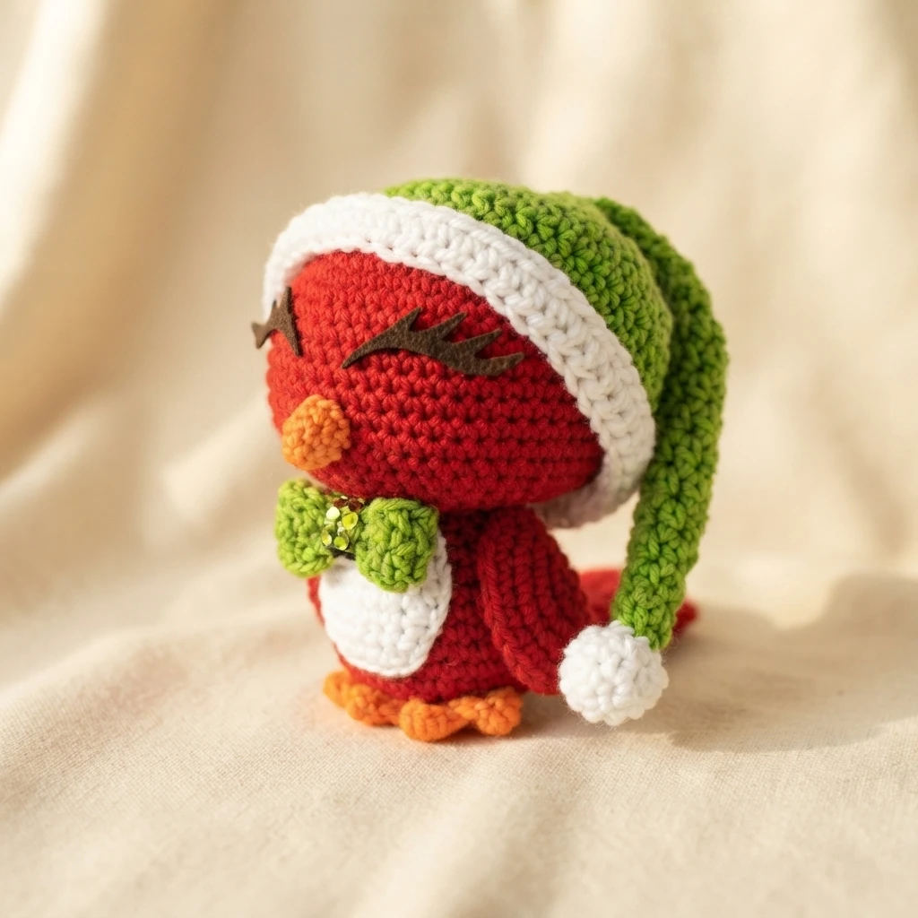 Crocheted red cardinal amigurumi wearing a green Santa hat with a white brim and white pompom, with an orange beak and orange feet, brown eyelashes and a green bow at the neck, photographed on a cream fabric background.