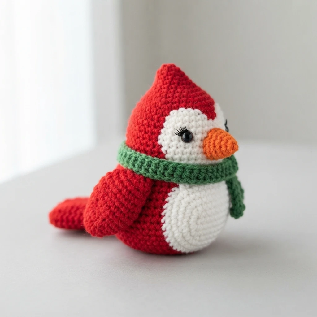 Crochet cardinal softie with a red body, a white face and belly, an orange beak, a black safety eye with an eyelash, and a green crocheted scarf, sitting on a pale surface.