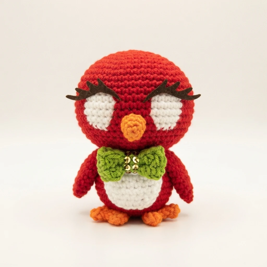 Crocheted red cardinal amigurumi with black embroidered eyelashes, an orange beak, a white belly, a green bow with gold beads and orange feet, photographed on a plain white background.