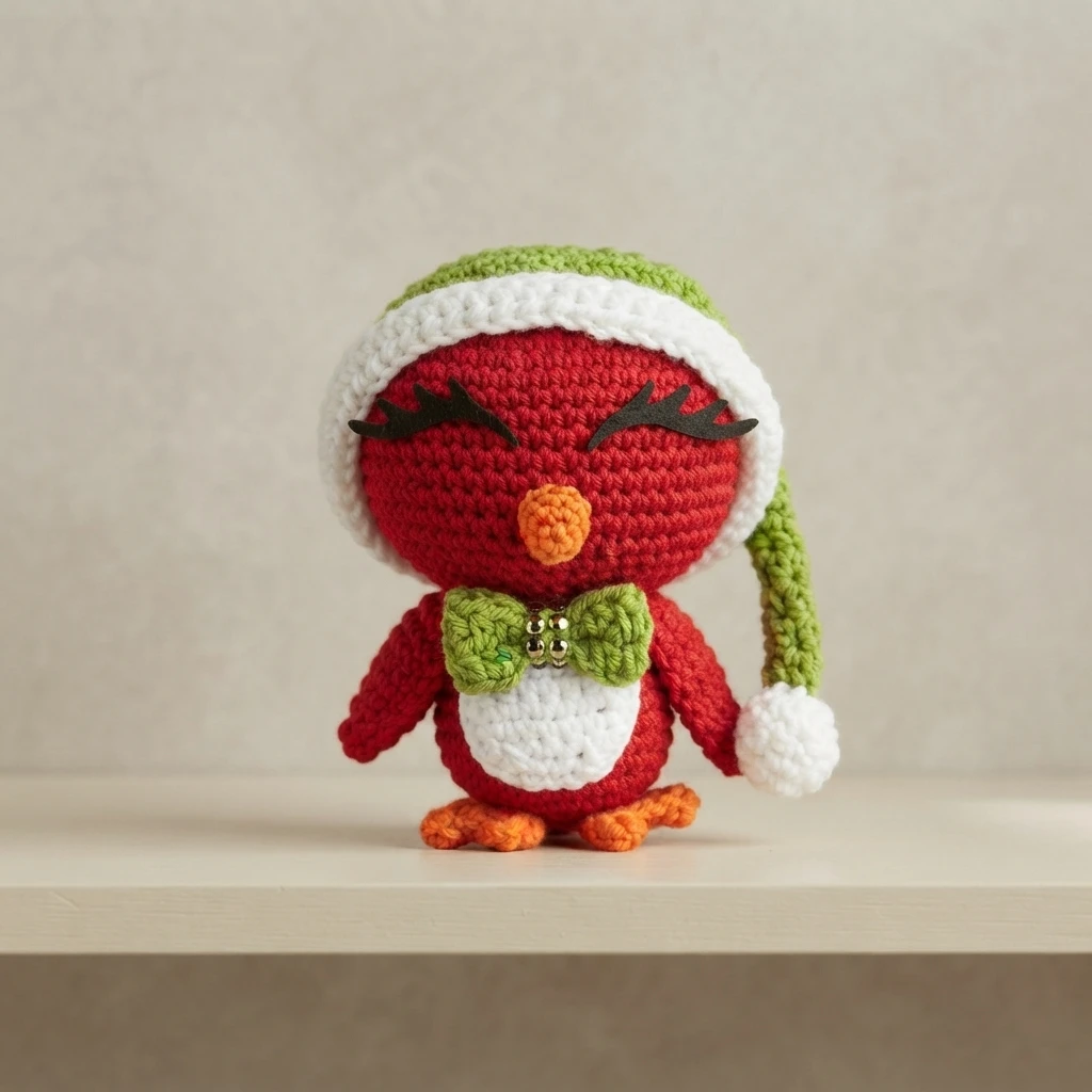 Crocheted red cardinal amigurumi wearing a green Santa hat with a white brim and white pom-pom, white belly, orange beak and feet, and a green bow with small beads at the neck, standing on a light shelf against a plain background.