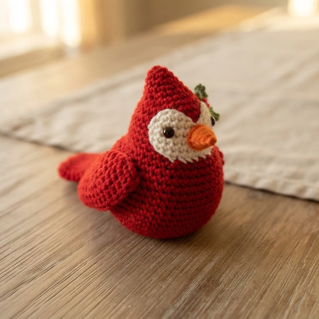 Crocheted red cardinal amigurumi with a white face patch, dark eyes and an orange beak, sitting on a light wood floor in front of a pale cloth.
