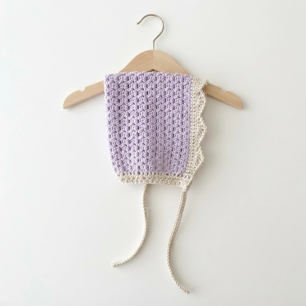 Lavender crochet bonnet with cream scalloped trim and ties hanging on a wooden hanger against a white background