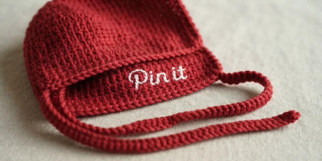 Red crochet baby bonnet laid flat on light fabric, showing two long chin straps and white Pin it lettering along the edge