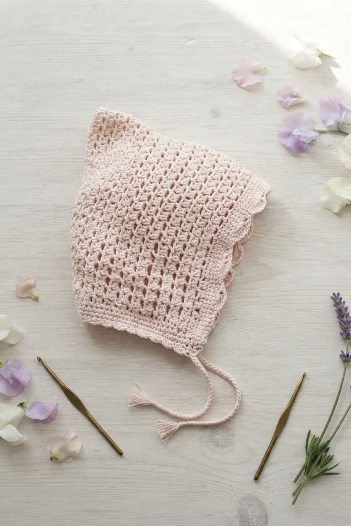 Flat lay of a pale pink crocheted pixie bonnet with scalloped edging and tie straps with small tassels, styled on a white wooden surface with scattered flower petals, two brass crochet hooks and a sprig of lavender.