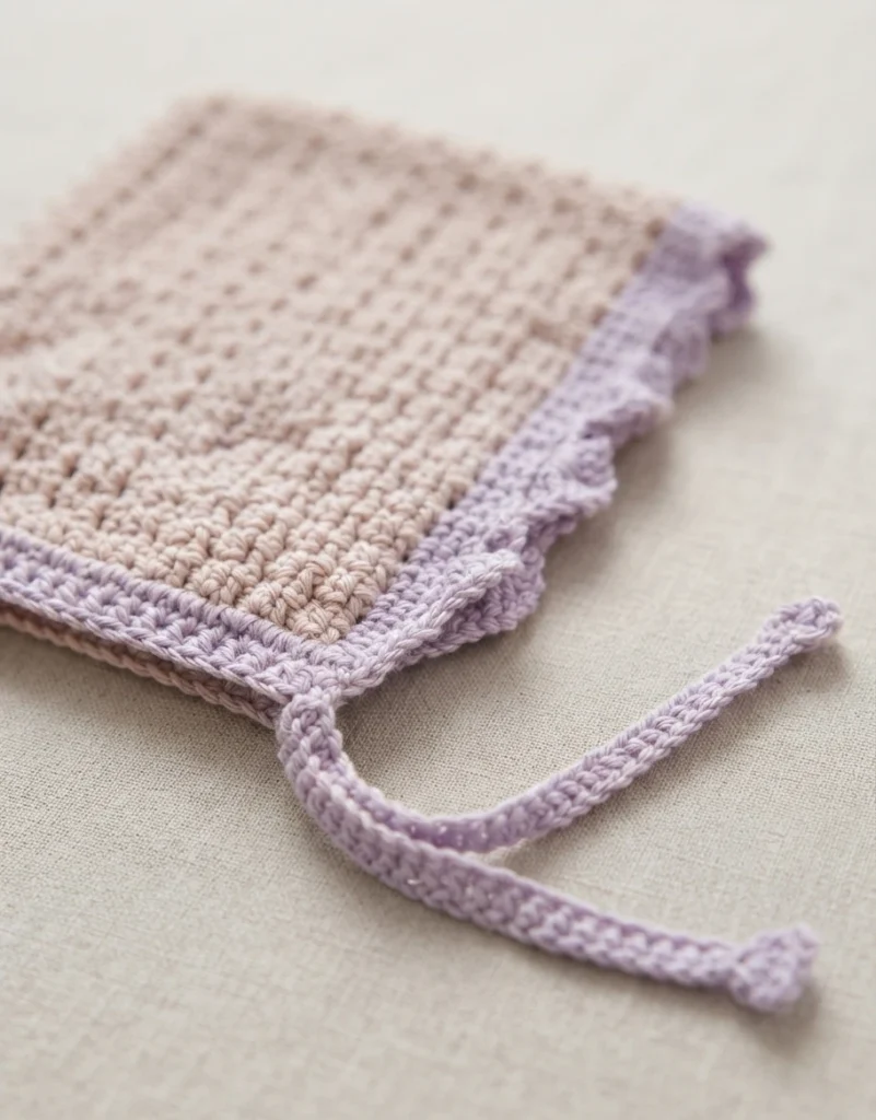 Close-up of a crochet bonnet in pale beige with a lavender scalloped trim and tie strap, lying on a light fabric surface
