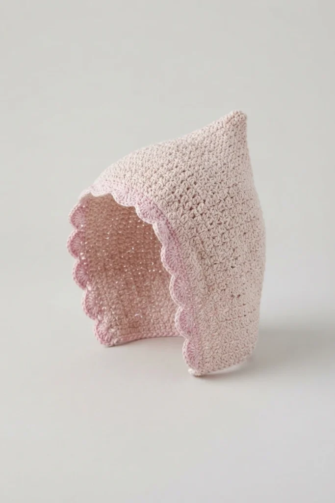 Pale pink crochet pixie bonnet with pink scalloped trim shown alone on a light background