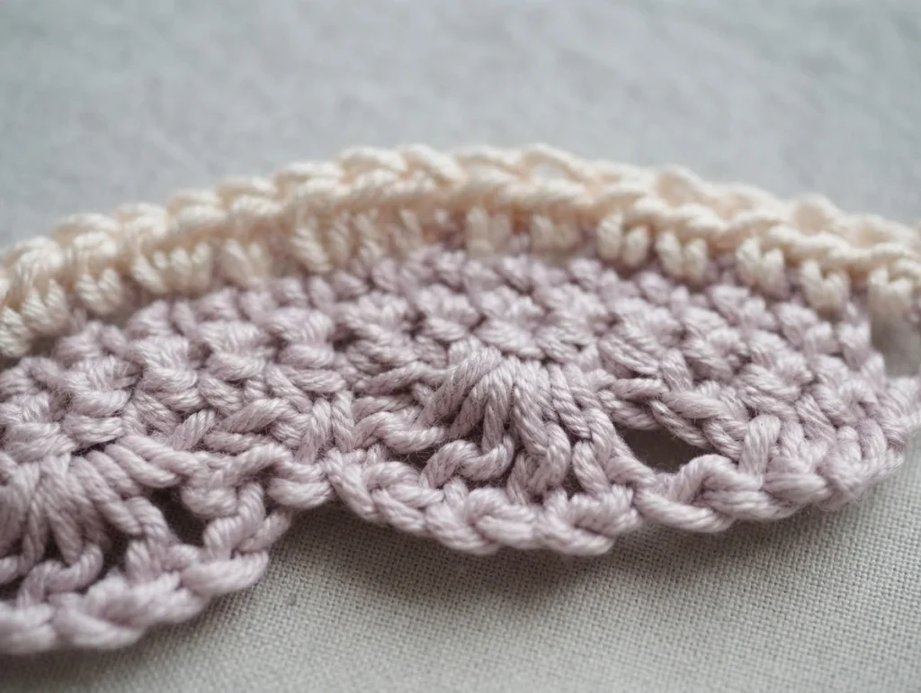 Close-up of a dusty pink scalloped crochet trim with a cream row above it on a light gray fabric background