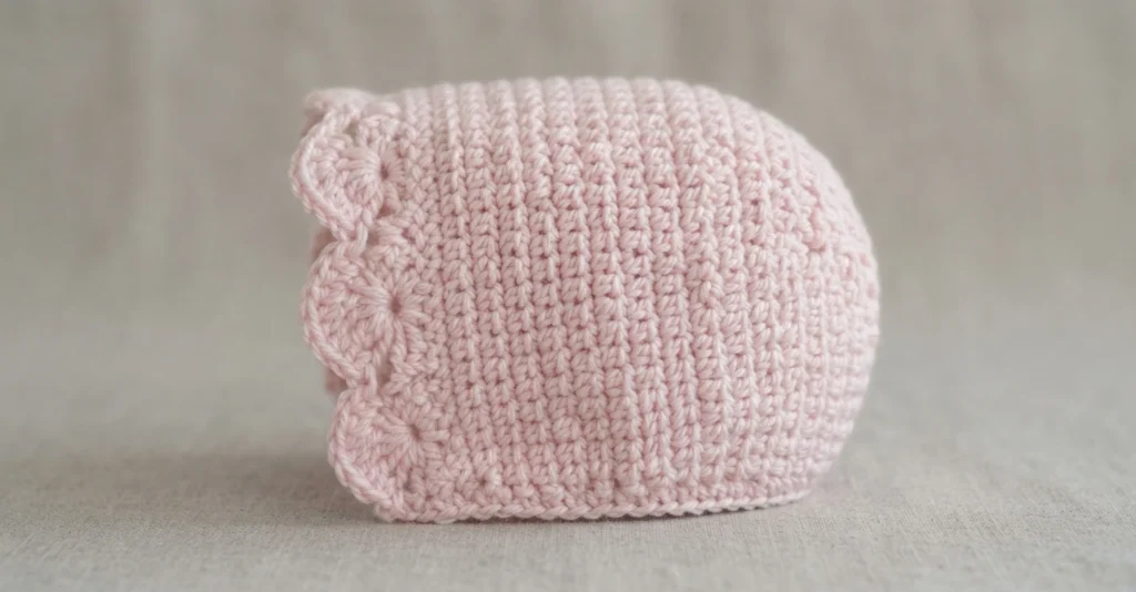 Pale pink crocheted pixie bonnet with scalloped front edge, shown in side profile on a light neutral background.