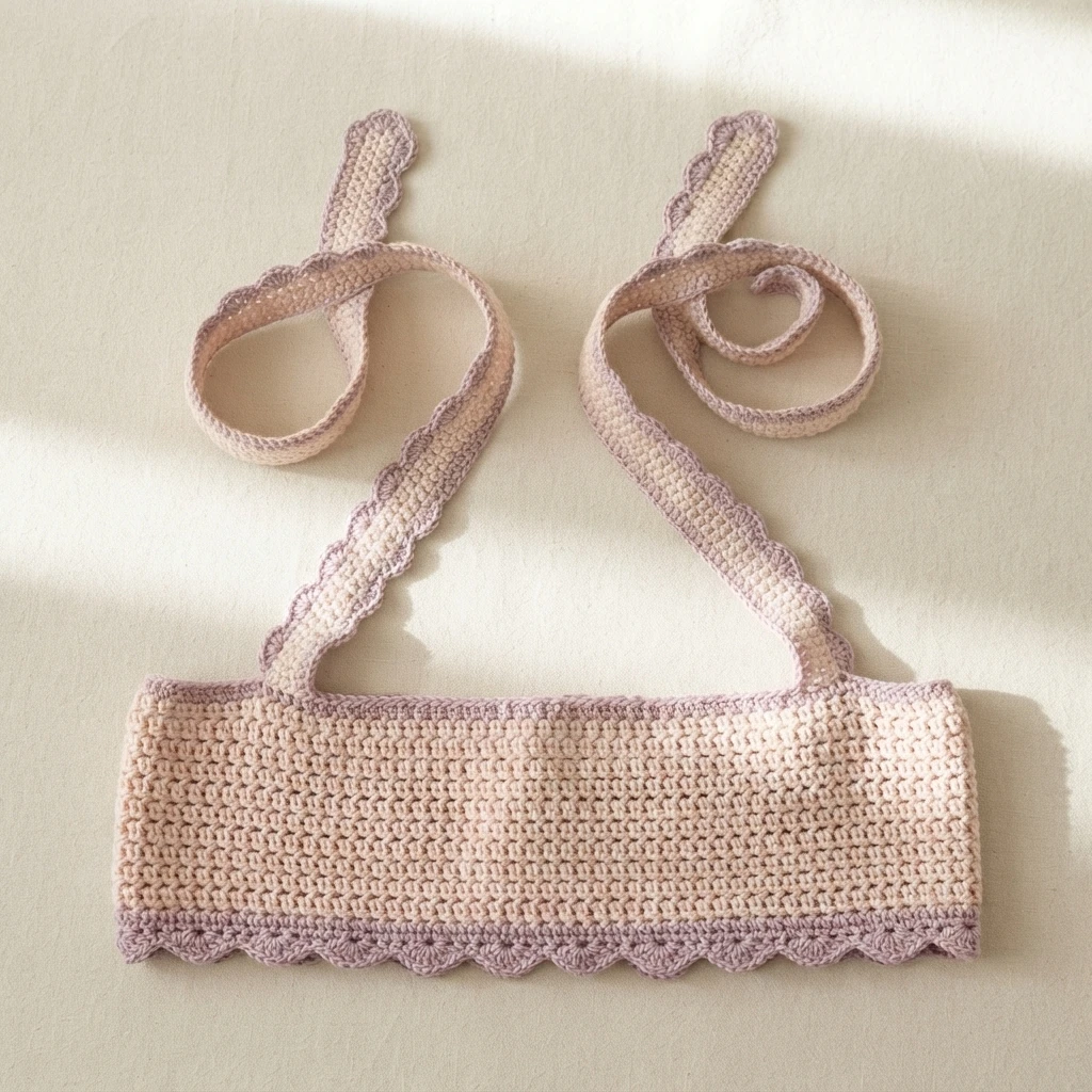 Flat lay of the crocheted bonnet bottom edging with scalloped mauve border and two long ties on a light background