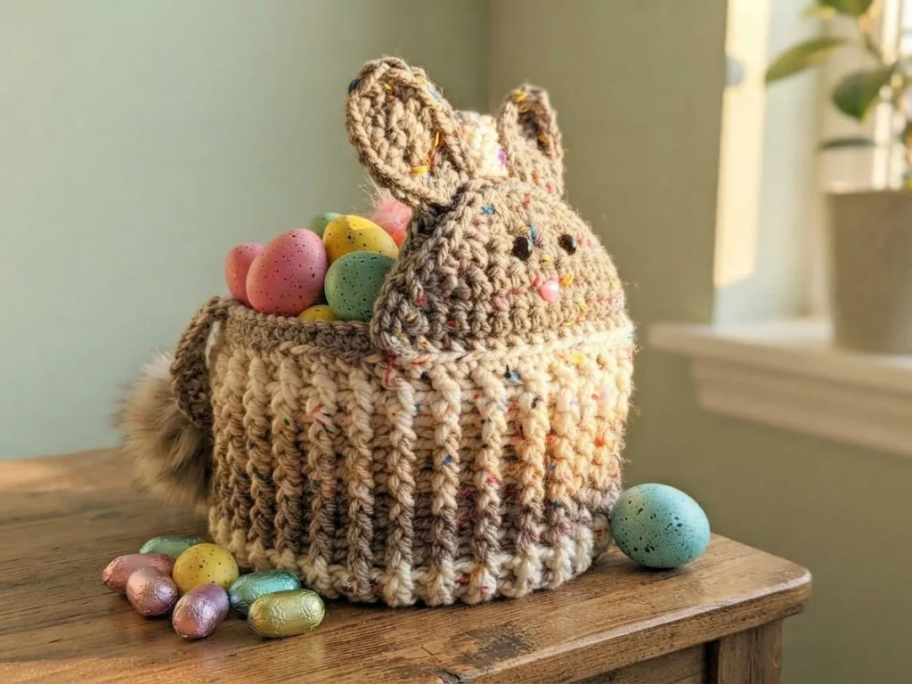 Crocheted bunny Easter basket in speckled yarn with a bunny face applique, filled with colorful eggs on a wooden table