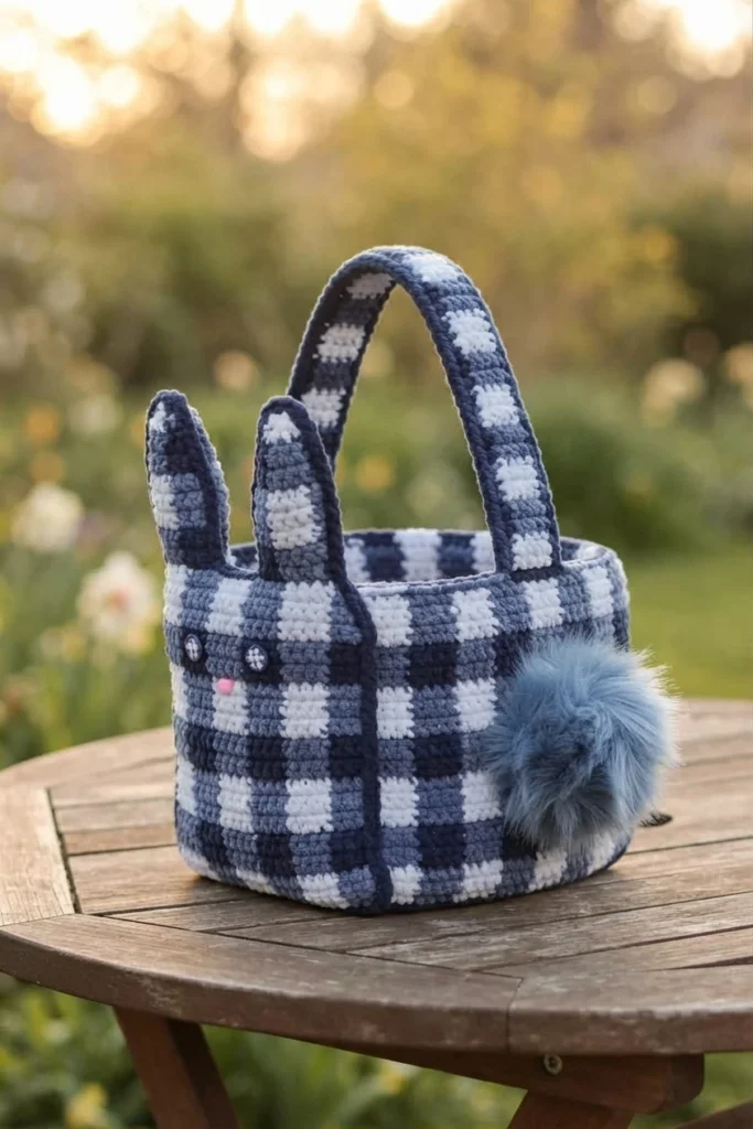 Blue and white gingham crochet bunny basket with ears, arched handle and fluffy pom pom on an outdoor wooden table