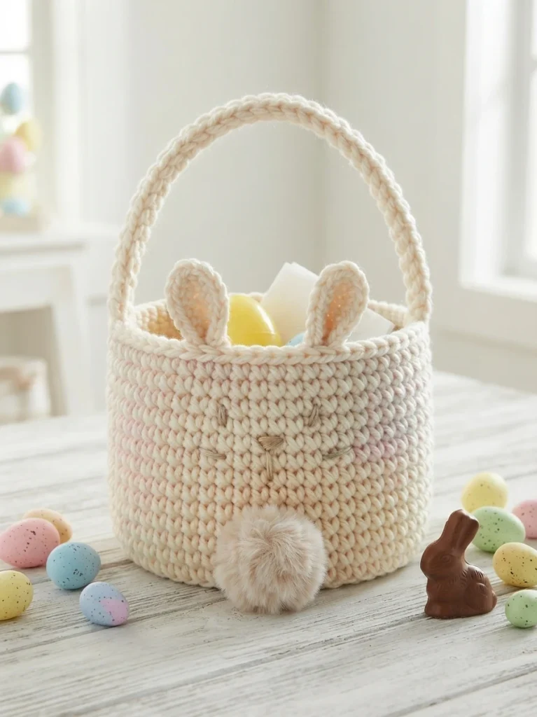 Cream crochet Easter basket with bunny ears, embroidered face, pom-pom tail and handle, filled with pastel eggs on a white wooden table.