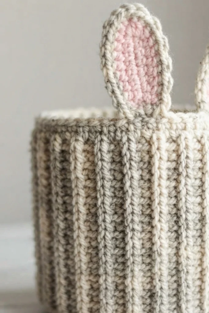 Close-up of a crocheted bunny basket with vertical ribbing and upright ears with pink inner sections