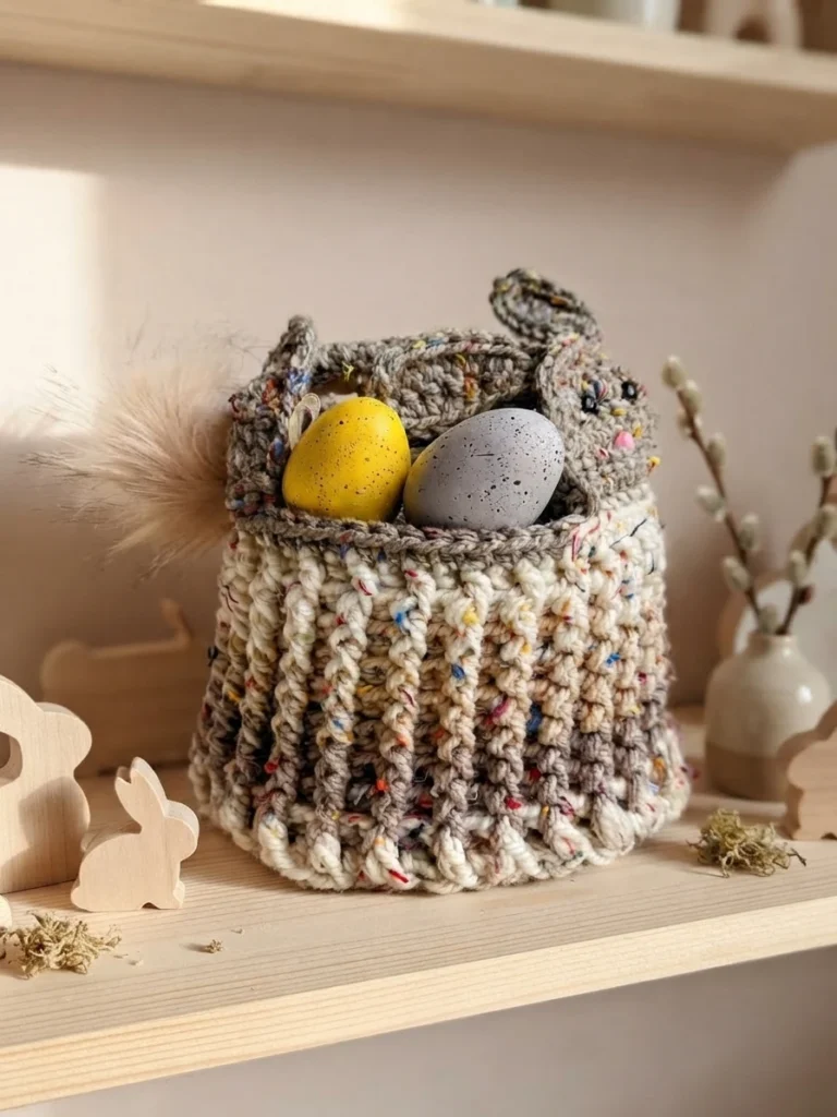 Crochet Easter bunny basket in speckled chunky yarn with safety eyes, pink nose and a faux fur pom pom tail, holding a yellow and a gray decorated egg on a wooden shelf beside small wooden bunny figures and a vase with pussy willow.
