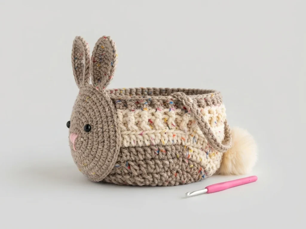 Crocheted bunny basket in speckled cream and gray yarn with upright ears, a flat bunny face panel with safety eyes and a pink nose, and a faux fur pom pom tail, photographed with a pink crochet hook