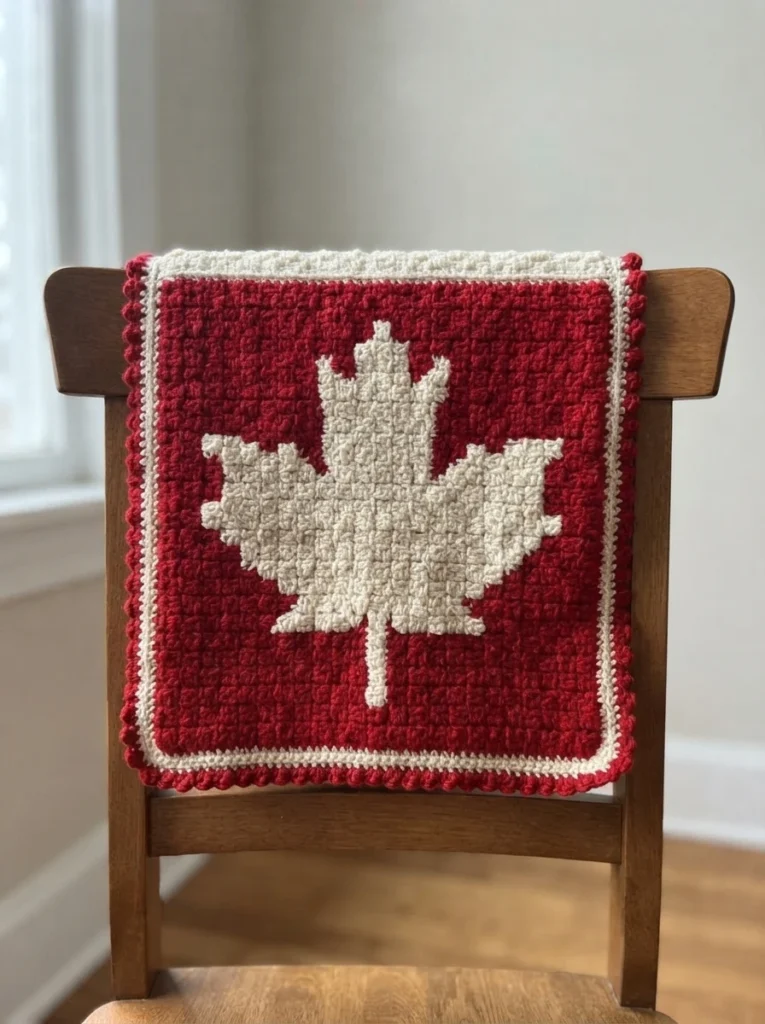 Finished red and white crochet square with a white maple leaf in the center, a white border and a red bobble trim, resting on the back of a wooden chair against a plain wall.