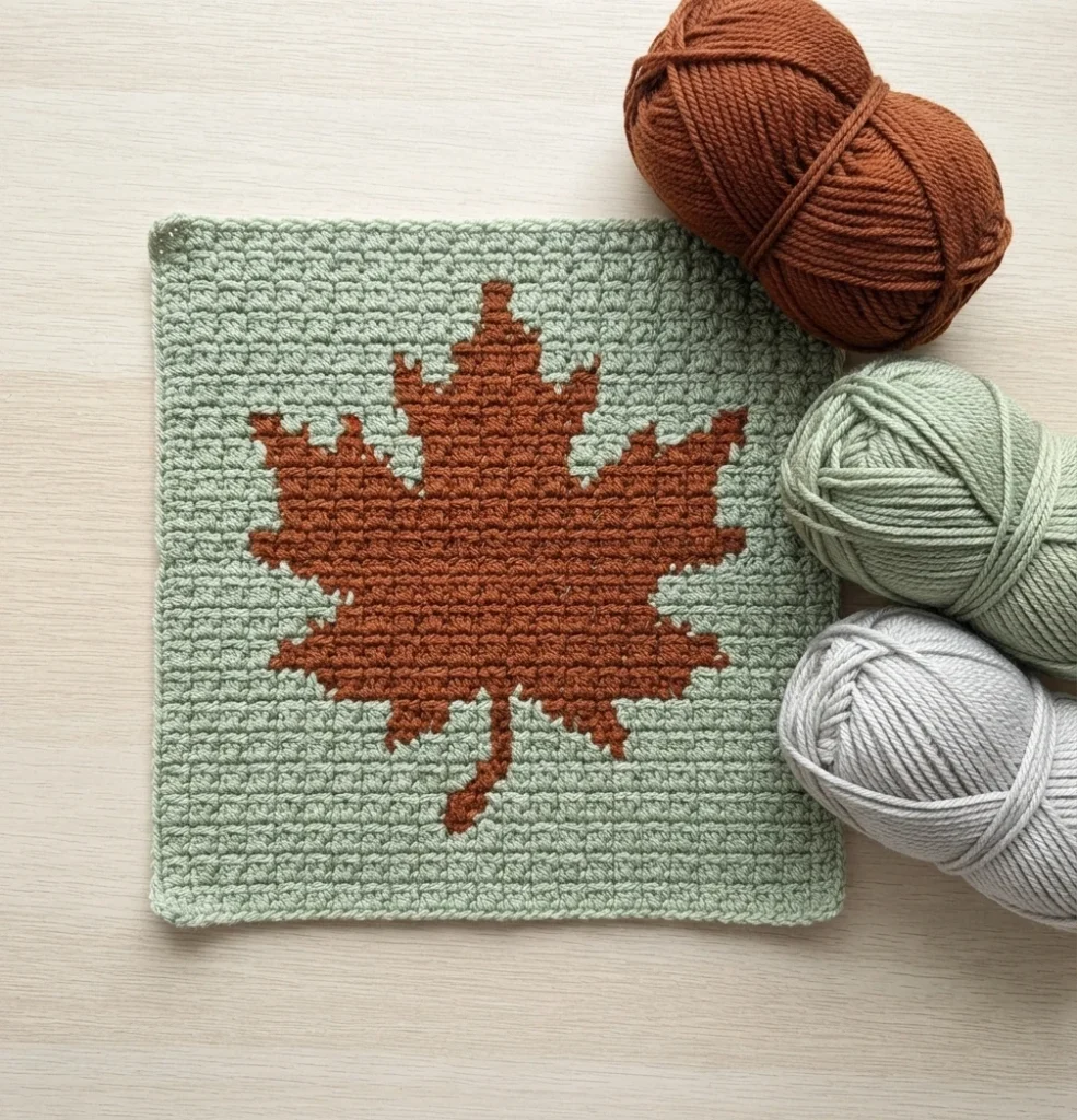 Finished corner-to-corner crochet square in sage green with a rust-brown maple leaf motif at the centre, photographed on a pale wood surface next to three balls of yarn in rust, sage green and light grey.