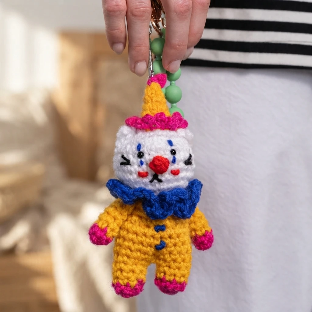 Crocheted white cat clown charm with a pointed yellow hat, pink trim, blue neck ruffle and yellow body, hanging from a beaded keychain held by a hand.