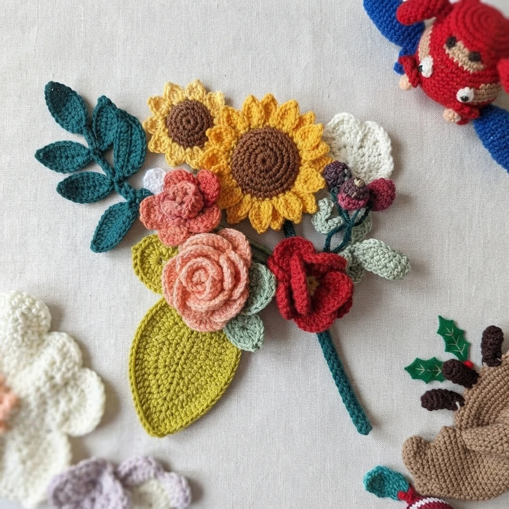 A crocheted bouquet of colorful flowers and leaves on pale fabric, with partial crocheted figures at the edges.