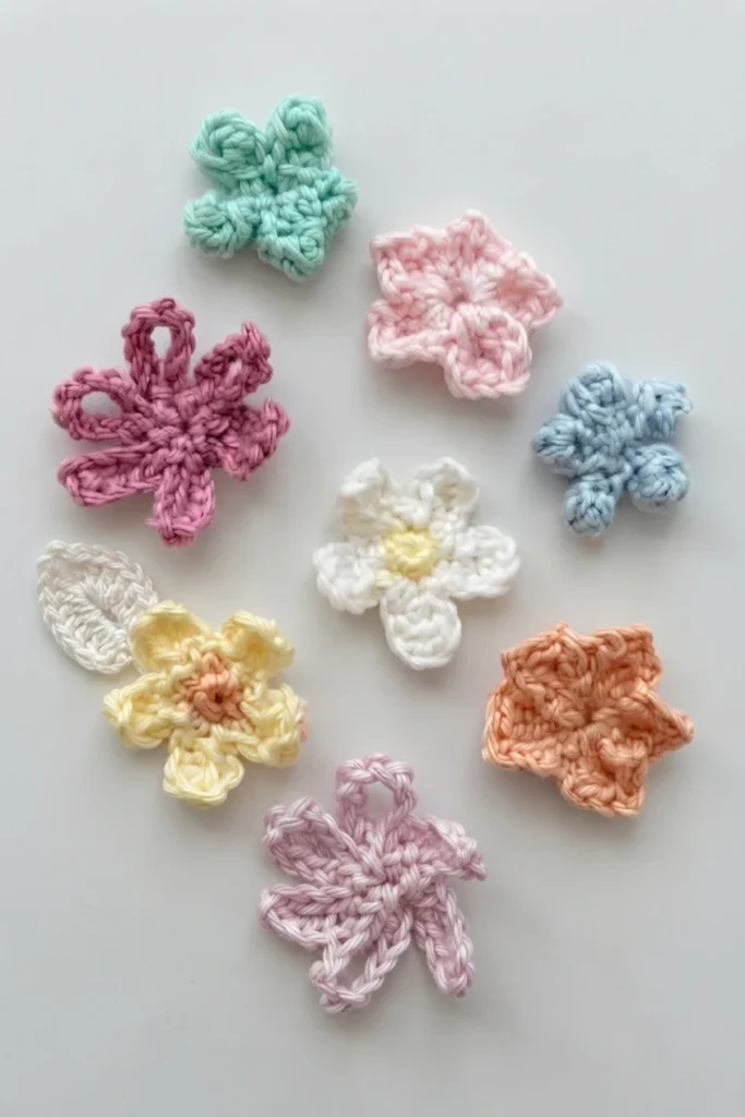 Assortiment de petites fleurs crochetées dans des tons pastel, dont une marguerite blanche à cœur jaune.