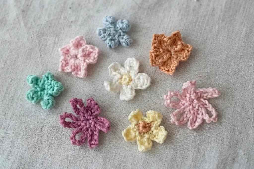 Petites fleurs au crochet de différentes couleurs disposées sur un tissu gris clair.