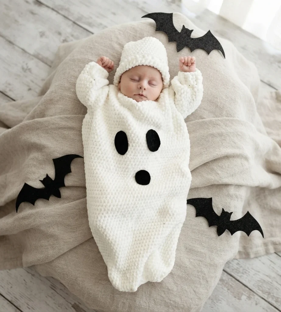 A sleeping baby wears a white crocheted ghost costume with a matching hat and black felt features, surrounded by black bat cutouts.