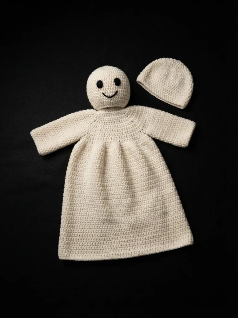 A cream crocheted ghost dress and separate cap with a smiling round ghost head, arranged on a black background.