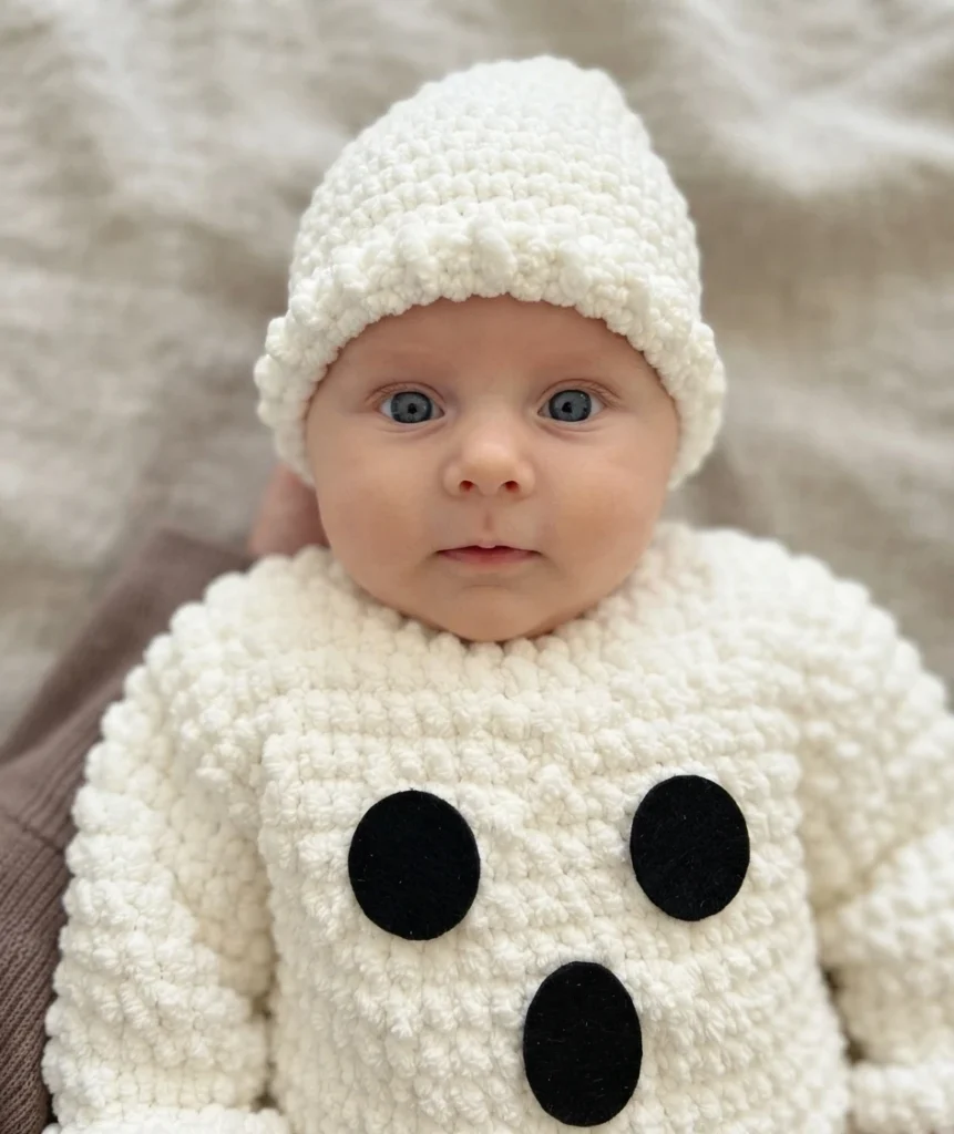 A baby wearing a white crocheted ghost costume and matching hat with black felt eyes and an oval mouth.