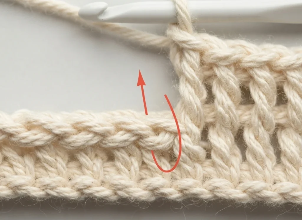 Gros plan d’un crochet inséré entre les mailles d’un échantillon au crochet beige, avec une flèche rouge indiquant le geste.