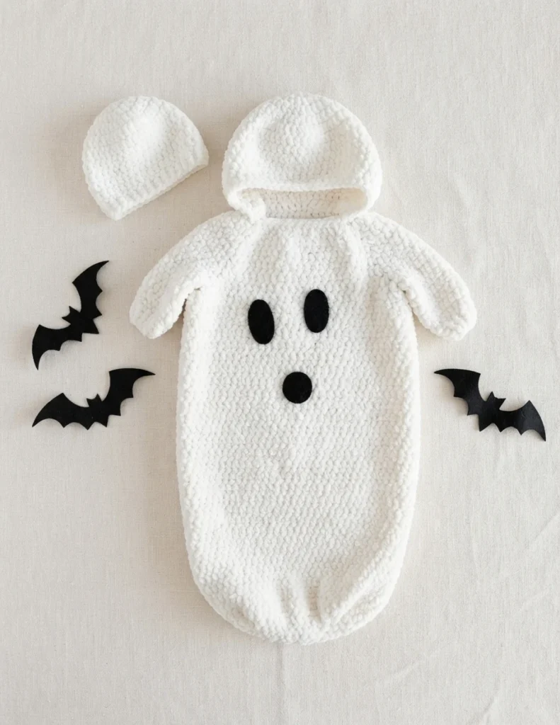 White crocheted baby ghost costume with black felt face, matching cap, and paper bats, arranged flat on a light fabric background.
