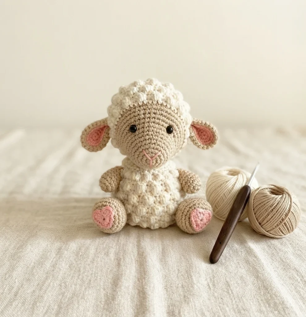 A crocheted amigurumi lamb with fluffy white wool, tan face, pink inner ears and pink heart patches on its feet, seated on fabric beside two balls of yarn and a crochet hook.