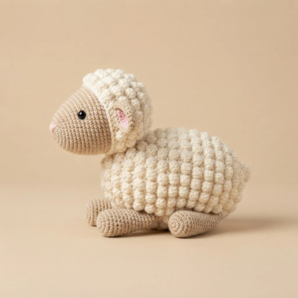 Crocheted amigurumi lamb in side profile with a cream bobble-stitched woolly body, beige muzzle, pink inner ear and black safety eye, on a plain beige background.
