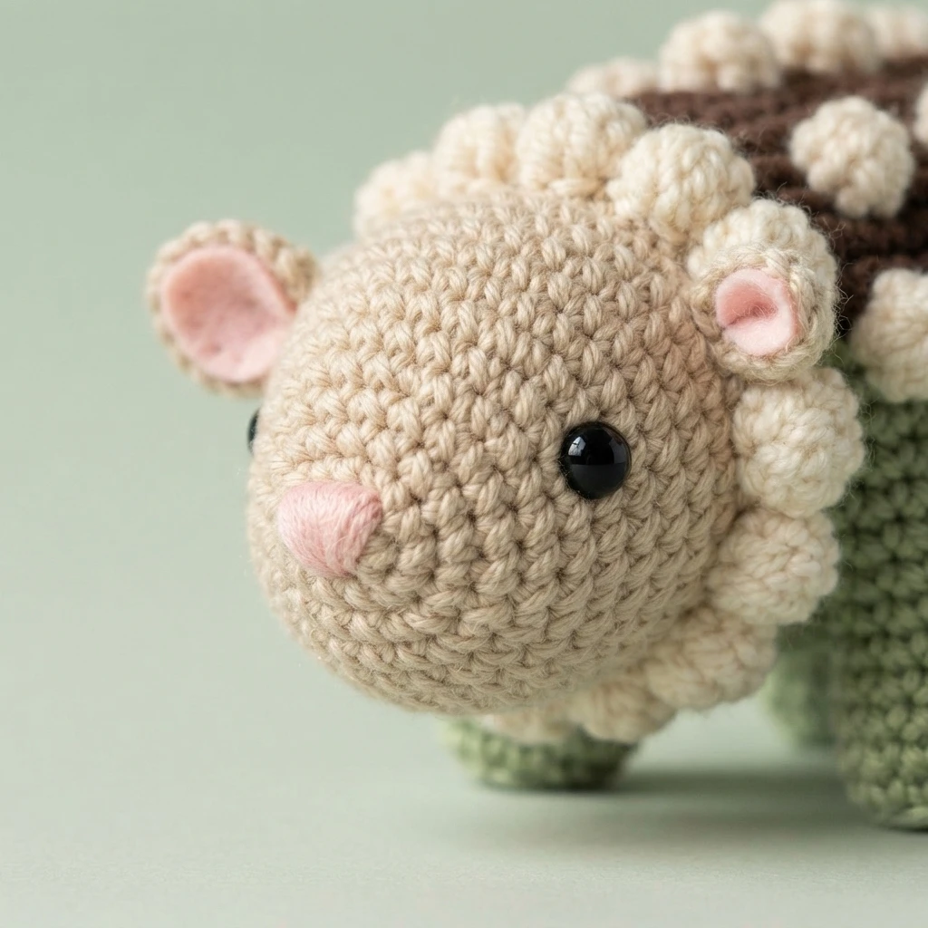 Close-up of a crocheted lamb head with a beige face, pink felt inner ears, embroidered pink nose, black safety eye and cream bobble mane