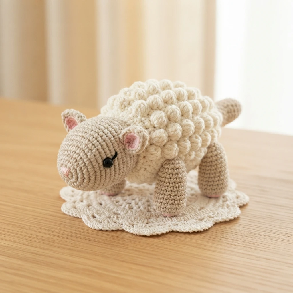 Crocheted amigurumi sheep with bobble stitch cream wool standing on a small crocheted doily on a wooden table.