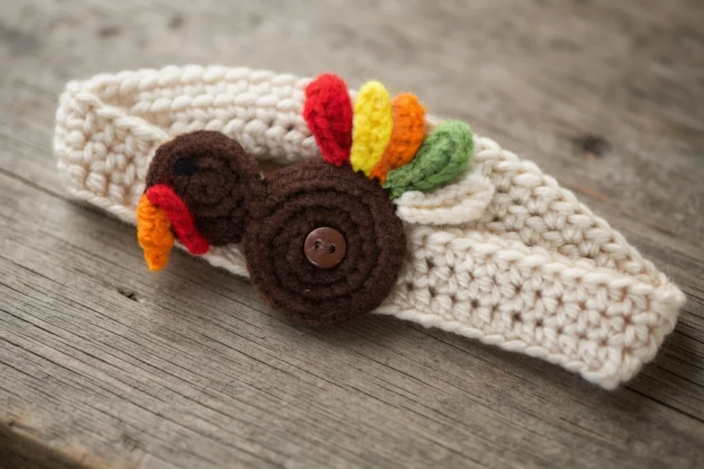 Off-white crocheted headband resting on a wooden surface, with a brown crocheted turkey applique attached by a brown button and tail feathers in red, yellow, orange and green.