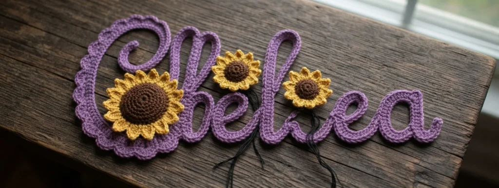 Crocheted purple script letters spelling Chelsea on dark wood, with three crocheted sunflowers with yellow petals and brown centers attached.