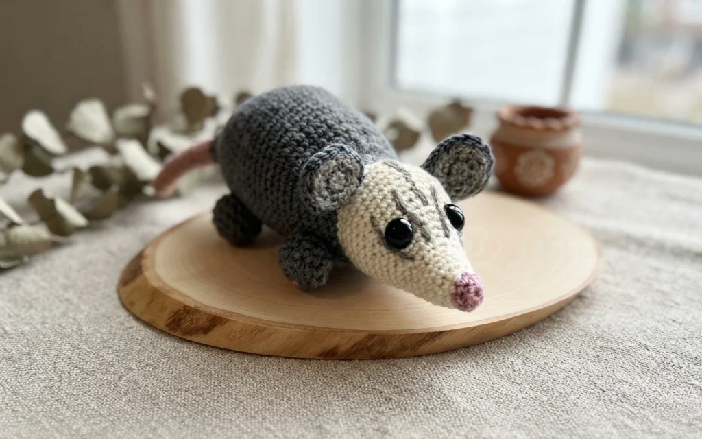 A crocheted opossum with a cream face, gray body, pink nose and tail, and round ears, standing on a wooden tray.