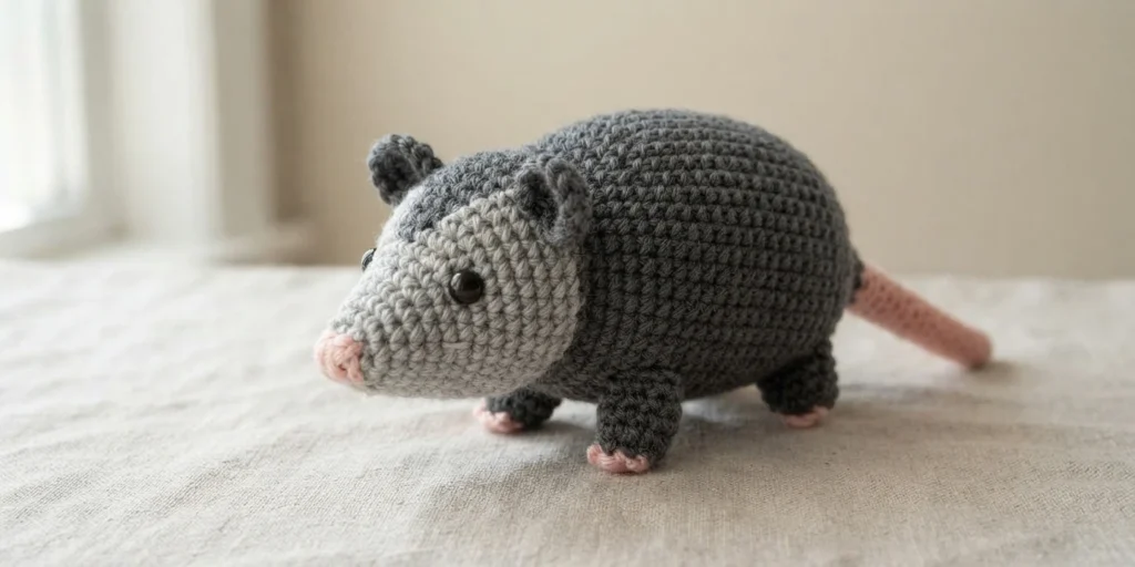 A crocheted opossum toy with a rounded charcoal-gray body, gray face, pink nose and feet, and a long pink tail.