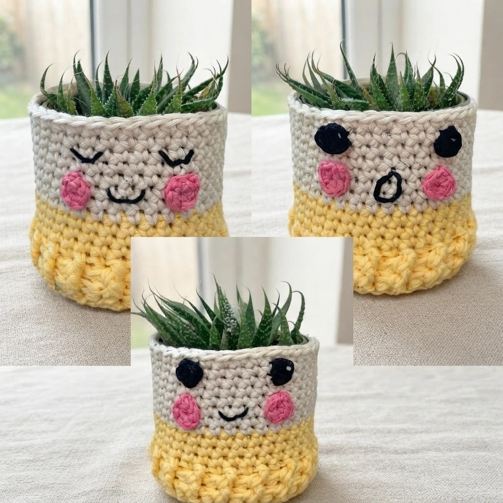 Three aloe plants in crocheted cream and yellow pot covers with pink cheeks and different smiling faces.