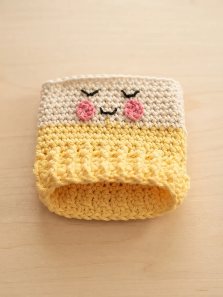 Housse de pot au crochet jaune et écrue avec des joues roses et un visage souriant aux yeux fermés, photographiée avec son ouverture tournée vers l’avant.