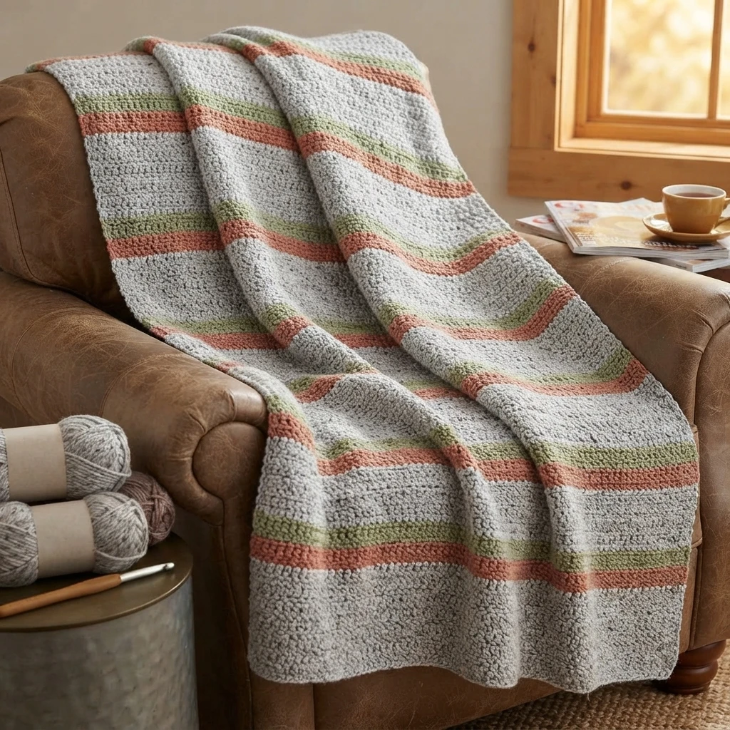 A gray crocheted blanket with repeating sage green and terracotta stripes draped over a brown sofa, with yarn and a crochet hook nearby.