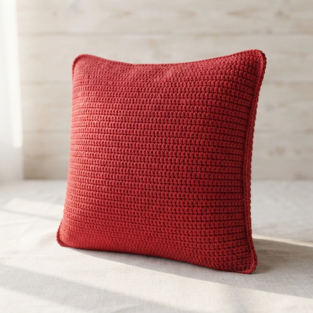 Plain red square crochet cushion with uniform stitch texture