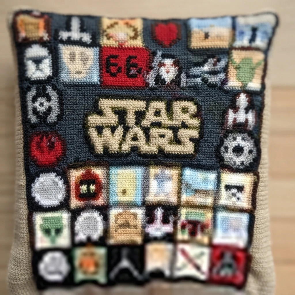 Crocheted Star Wars cushion covered with small character and emblem squares around a central Star Wars logo panel.