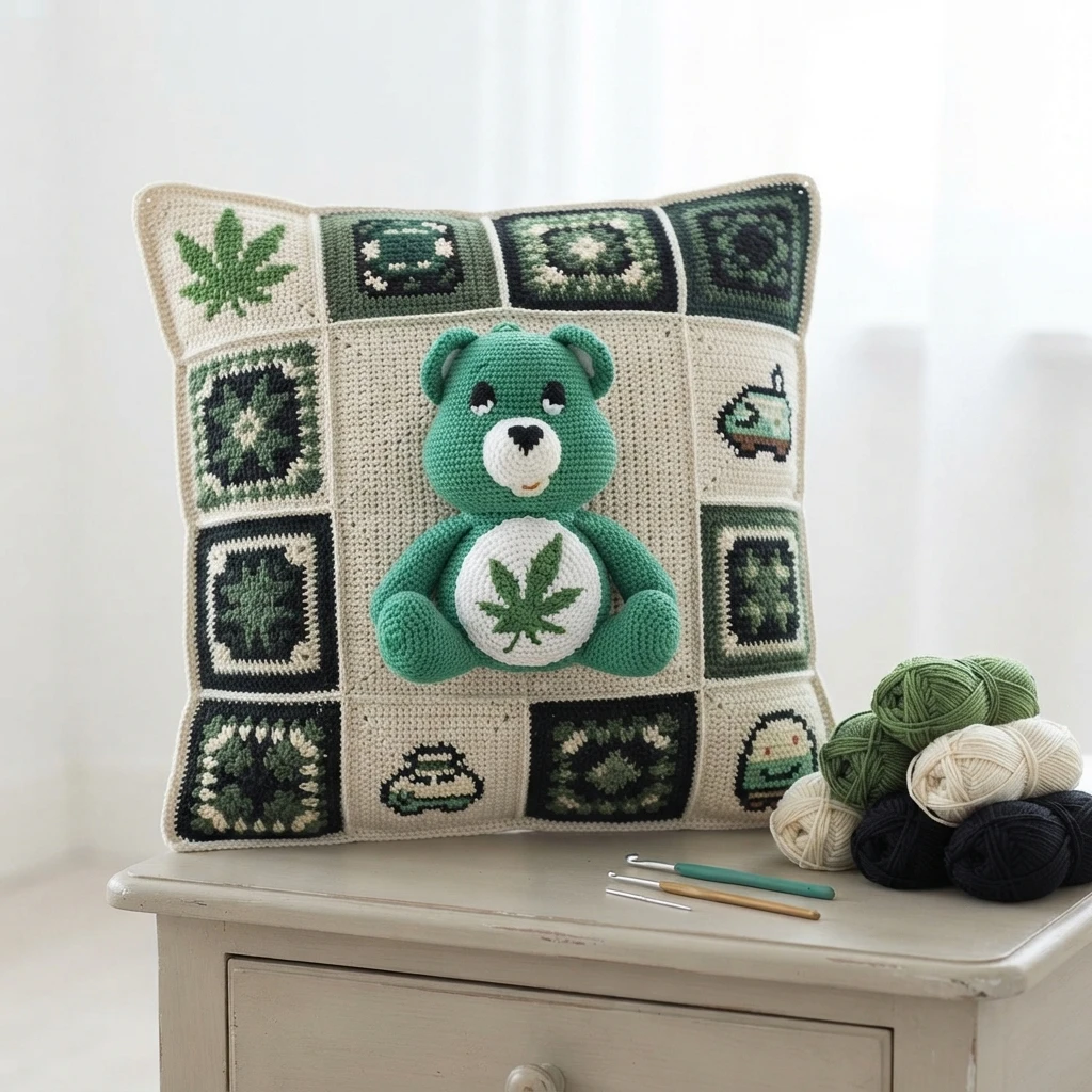 A cream and green patchwork crochet cushion with granny squares and a green teddy bear with a leaf motif on its belly, styled beside yarn balls and crochet hooks on a side table.