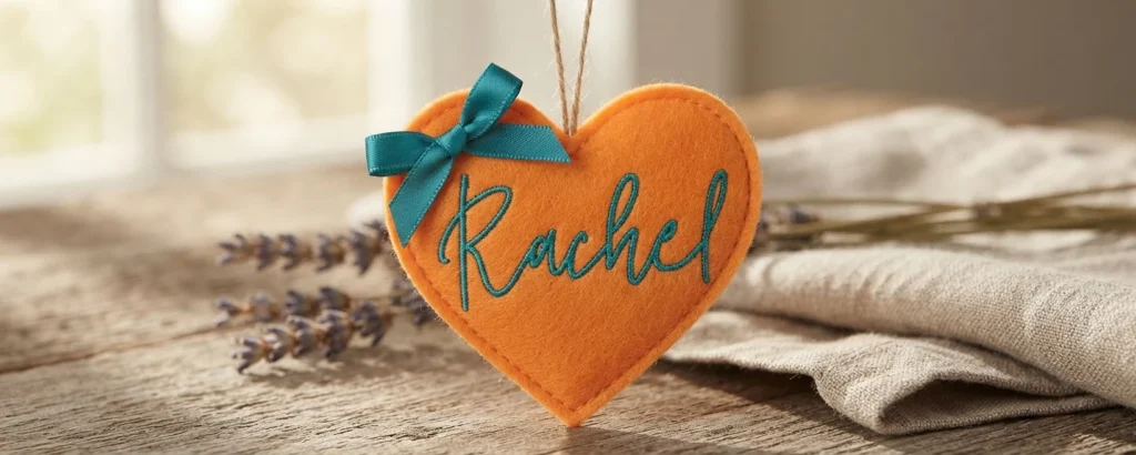 Ornement en forme de cœur orange avec le prénom Rachel brodé en turquoise, un nœud assorti et une ficelle de suspension, posé sur une table en bois.
