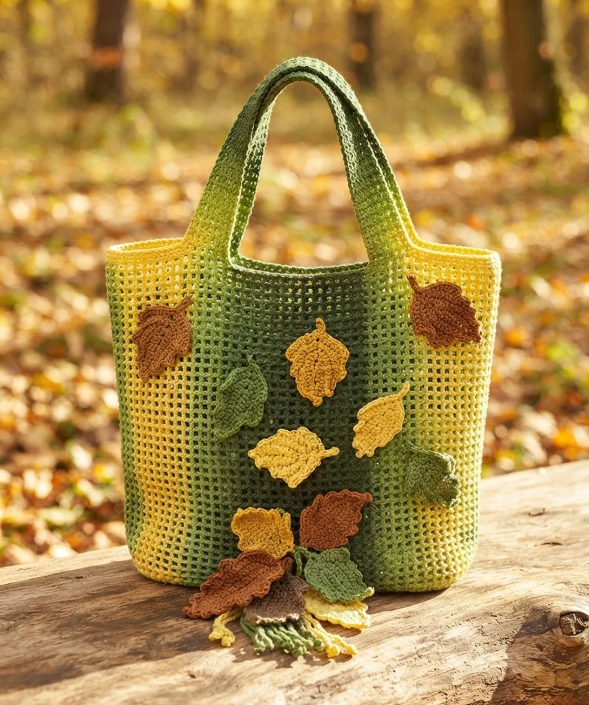A green openwork crochet tote bag with long handles and colorful crocheted leaves, resting on a wooden surface outdoors.