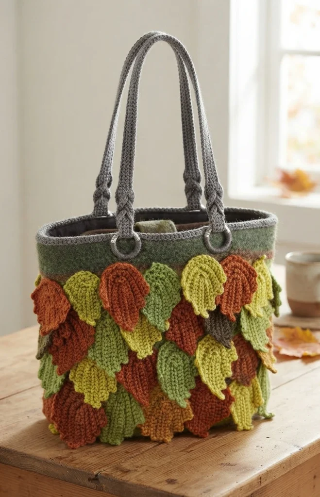 A green crochet handbag covered with overlapping orange, yellow, and green leaves, with gray braided handles and metal rings, displayed on a wooden table.
