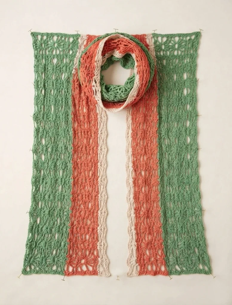 Crocheted pineapple lace shawl in green, coral and cream stripes, pinned flat for blocking with a looped coil at the top
